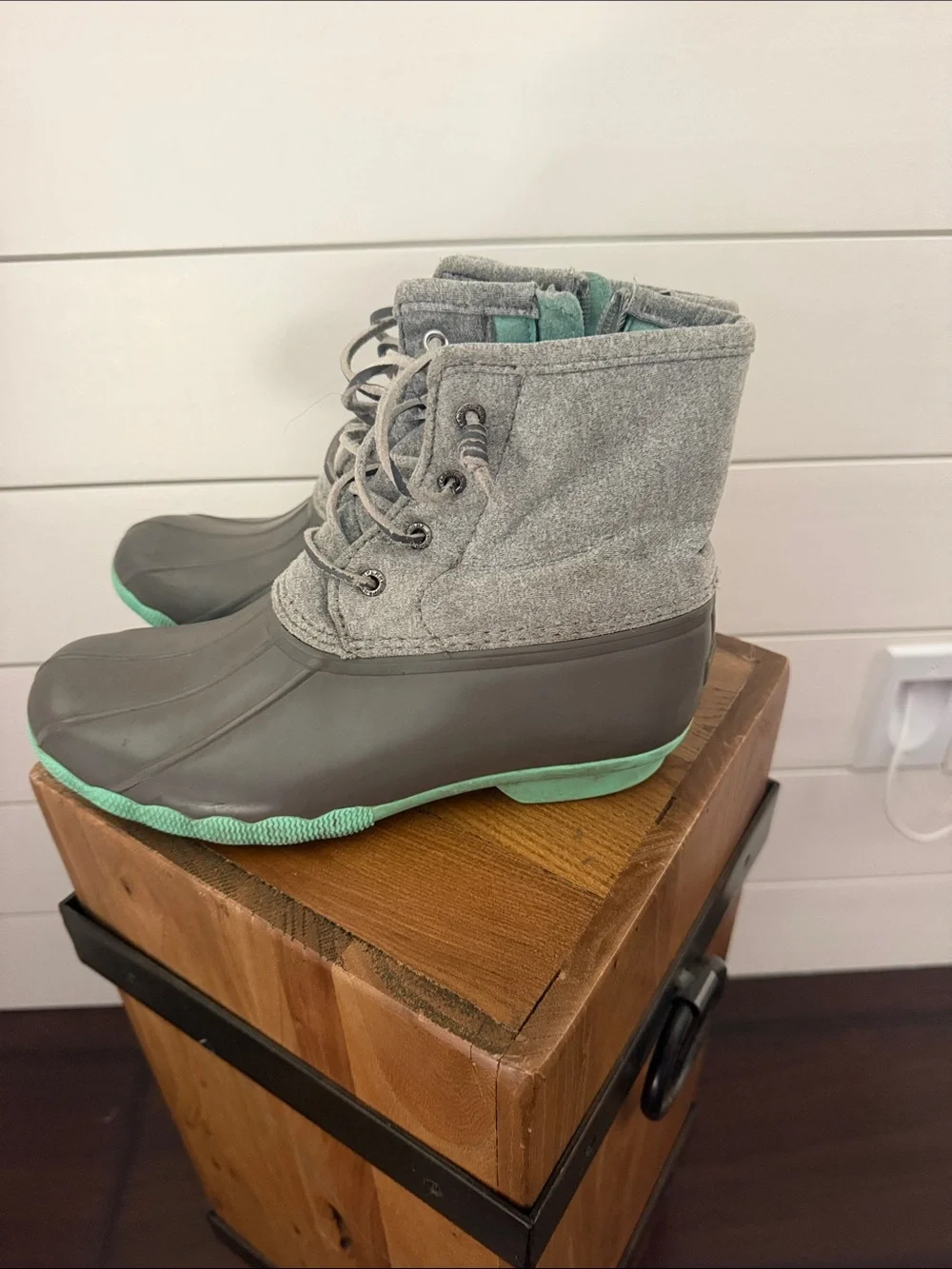 Sperry Gray and Mint Kids Duck Rain Boots